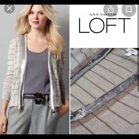 - 👠Loft sequined trimmed grey striped cardigan. Size Sm - Picture 2 of 7